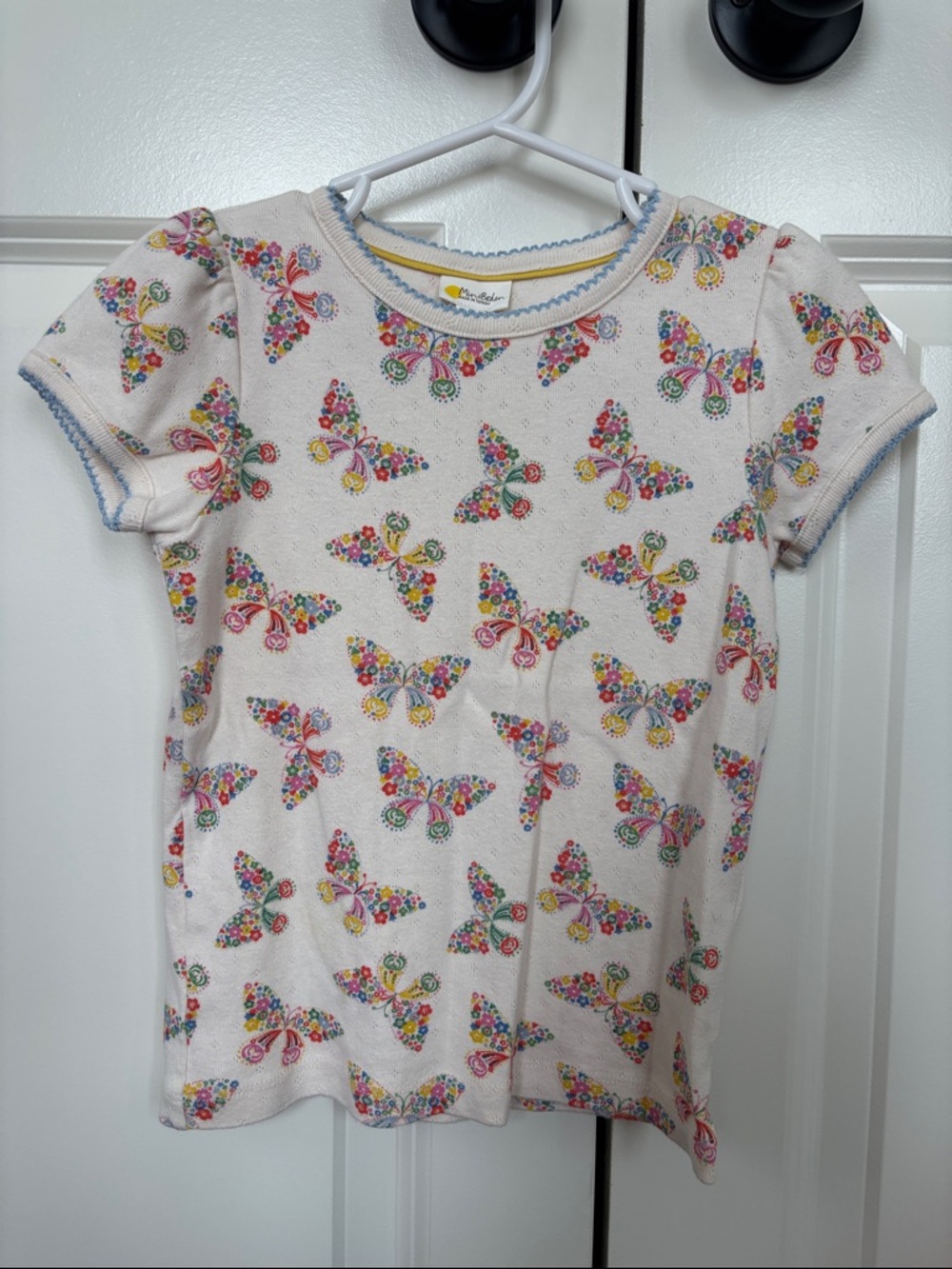 Mini Boden White Short Sleeve Top with Multicolor Butterfly Print